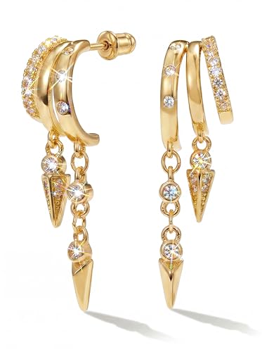 Gold Earrings for Women Trendy 14K Gold Plated Dangle Earrings Small Hoop Huggie Drop Stud Earrings Cubic Zirconia Simple Minimalist Dainty Chain Tassel Hypoallergenic Earrings - color: CZ Tassel & Gold