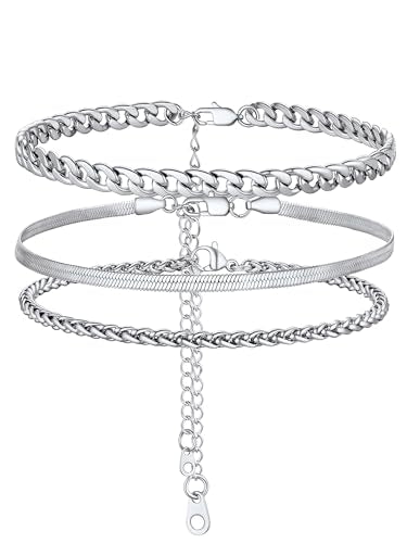 PROSTEEL Trendy Handcuffs Design/Customize Words Ankle Bracelet For Women, 316L Stainless Steel Anklets Silver/Gold/Black Tone, Hypoallergenic, Come with Box - style: 04.3 Layered-Cuban-Silver