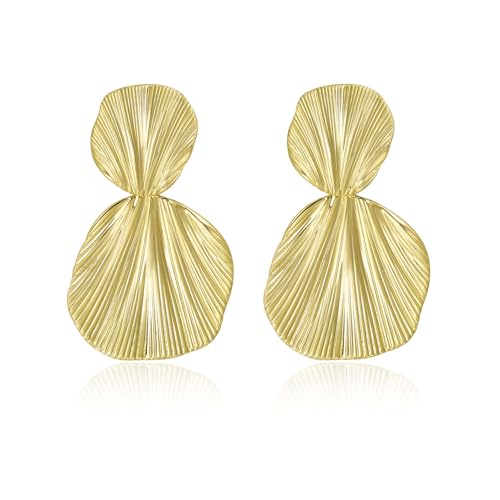 Large Geometric Drop Dangle Earrings for Women Pearl Teardrop Disc Rectangle Oval Fishtail Shell Shaped Textured Dangle Studs Earrings for Women - color: Gold-Shell A