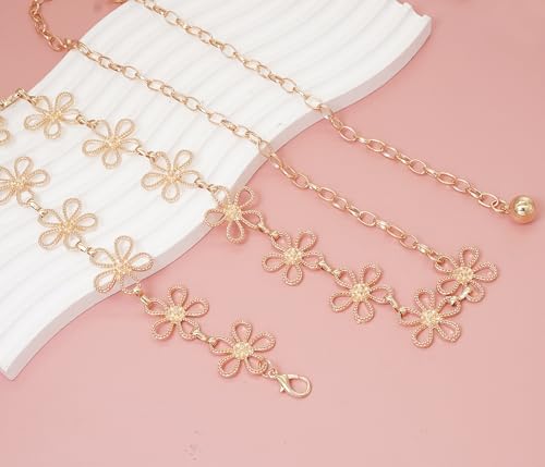 Women's Waist Chain Flower Metal Belt for Dresses Jeans | Adjustable Belly Waist Chain - color: Hollow Flower Gold, size: S: 105cm/41in