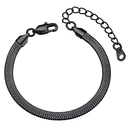ChainsHouse Stainless Steel Herringbone Flat Chain Bracelets for Women,18K Gold/Rose Gold/Black Metal Paperclip/Snake/Cuban/Figaro Sterling Silver Link Charm Bracelet, 16+5cm Adjustable, With Gift Box - color: g. herringbone-black-6mm