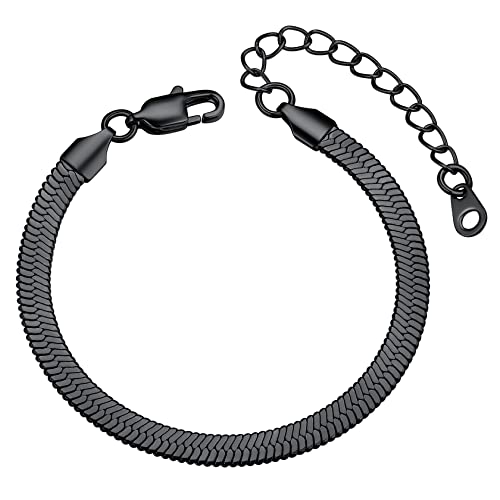 ChainsHouse Stainless Steel Herringbone Flat Chain Bracelets for Women,18K Gold/Rose Gold/Black Metal Paperclip/Snake/Cuban/Figaro Sterling Silver Link Charm Bracelet, 16+5cm Adjustable, With Gift Box - color: g. herringbone-black-6mm