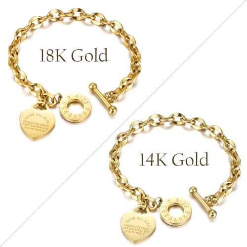 Emibele Heart Charm Bracelet for Women, Bible Verse Bracelet Stainless Steel 18K Gold Plated Bracelet Love Pendant Link Chain OT Clasp, Birthday Christmas Jewelry Gift for Mother Her - color: 14K Gold Plated