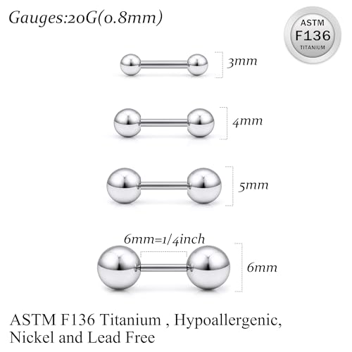 20G 18G 16G Titanium Earrings Studs Set for Sensitive Ears Hypoallergenic Piercing Jewelry Internally Threaded Cartilage Conch Helix Rook Tragus Earring Hoop Eyebrow For Women Men Ball 3-6mm - size: 20G-4MM