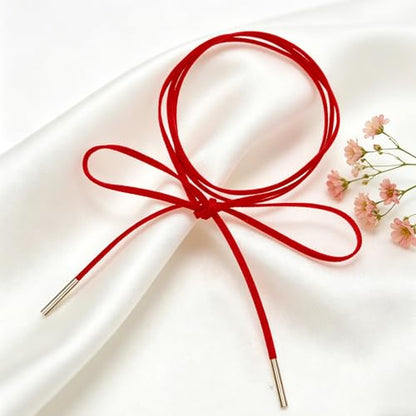 Red Choker Necklace Gothic Bow knot Choker for Women Velvet Long Wrap Rope Collar Tie Neck Chain with Gold Tube Ribbon Suede Jewelry for Party Prom