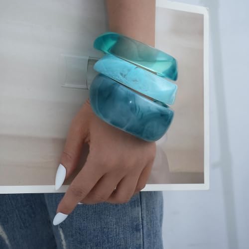 FAXHION Chunky Resin Acrylic Bangle Bracelets for Women, Colorful Wide Geometric Bangles Set, Statement Stackable Bracelet Jewelry Gift - color: Deep Blue