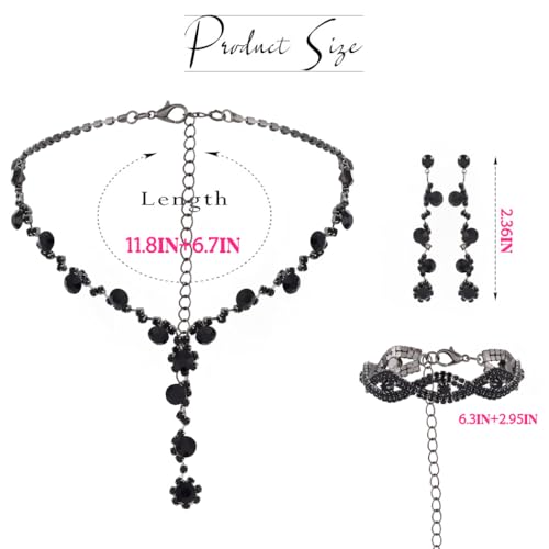 Sixexey Rhinestone Jewelry Set Bridal Necklaces Clip On Earrings Set Wedding Prom Jewelry Accessories for Women - color: Black