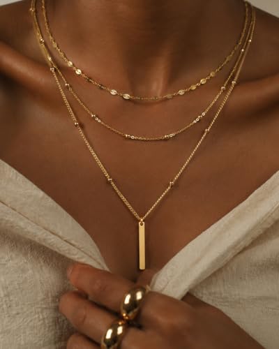 3 Pcs 14K Gold Plated Layered Gold Necklaces Stack for Women Pendant Set | Stackable Layering Design,Lightweight Fit,Tarnish-Resistant Finish,Adjustable Size,Less Tangling,Pretty Gift Jewelry - color: Gold Bar
