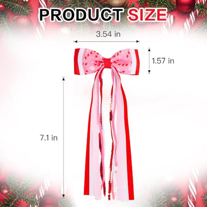 2PCS Christmas Long Streamer Hair Bow Clips, 3.54 Inch Grosgrain Ribbon Bow | Red and White Sequin, Candy Cane Pattern, Lined Alligator Clips XMAS Hair Accessories for Ponytail Styling - color: Red Candy Cane