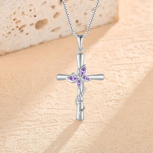 Cross Necklace for Women 925 Sterling Silver Butterfly Necklace Birthstone Pendant Created Gemstone Jewelry Gifts for Women - color: 02 February - Amethyst