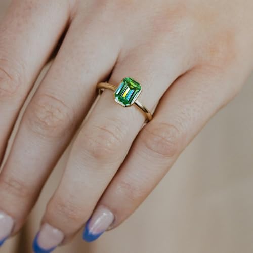 2.5CT Emerald Cut Moissanite Solitaire Ring, 14K Yellow Gold Engagement Ring, Bezel Setting, Statement Ring, Gift For Her, Wedding Ring By SHREESHYAMJEWELLS - color: Green Moissanite