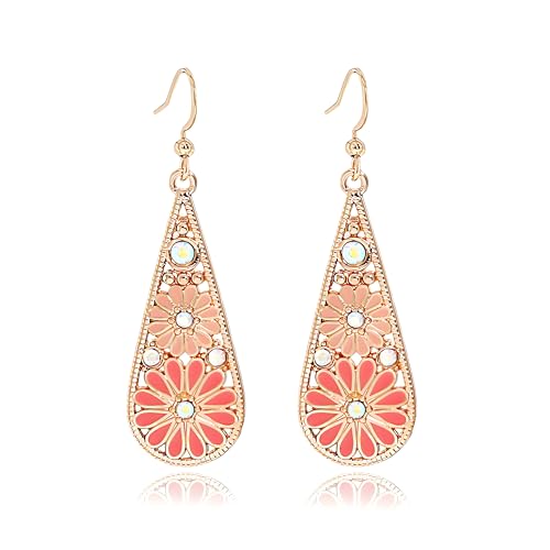 MALOYANVE Bohemian Crystal Teardrop Earrings for Women Vintage Tribal Geometric Enamel Rhinestone Hollow Flower Earring Handmade National Statement Jewelry Gift - color: Gold Coral Pink