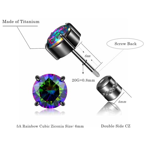 Titanium Flat Back Surgical Stainless Steel Stud Earrings for Women Men,Birthstone Stud Earrings Hypoallergenic Double Side 5A Cubic Zirconia Studs Jewelry 6mm - color: Black-Rainbow CZ