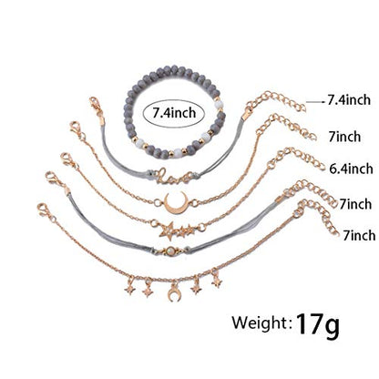 Aluinn Boho Layered Charm Bracelet Set Gold Moon Star Jewelry | Stackable bracelet set with moon and star charms, adjustable fit and style for beach trips, vacations and everyday outfits