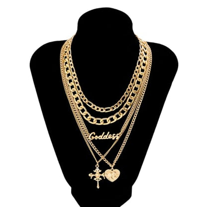 GYRMMUE 5 Pcs Chunky Gold Layered Necklaces Set for Women Heart Locket Coin Cross Pendant Necklaces Punk Hip Hop Charm Necklace Goddess Style Stacked Chain Necklace Christian Faith Jewelry - color: Gold