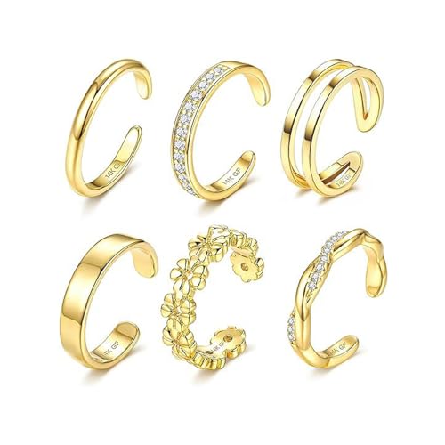 GAUEIOUR Adjustable Toe Rings Gold for Women, Set of 6 Gold-Plated Toe Ring | Minimalist Summer Beach Party Casual Vacation Surf Zircon Inlay Fashion Open Stacking Foot Jewelry for Women
