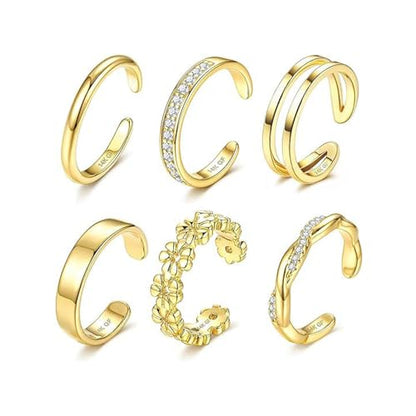 GAUEIOUR Adjustable Toe Rings Gold for Women, Set of 6 Gold-Plated Toe Ring | Minimalist Summer Beach Party Casual Vacation Surf Zircon Inlay Fashion Open Stacking Foot Jewelry for Women