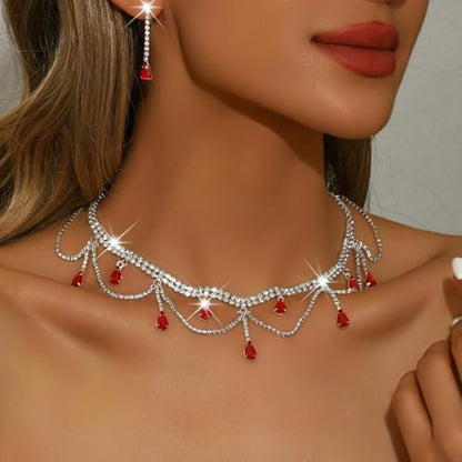 Rhinestones Necklace Earrings Set for Women Water Droplet Necklace Earrings Set Double Layer Gemstone Choker and Drop Earrings Cubic Zirconia Bridal Earrings Necklace Set Crystal Wedding Jewelry Sets - color: red
