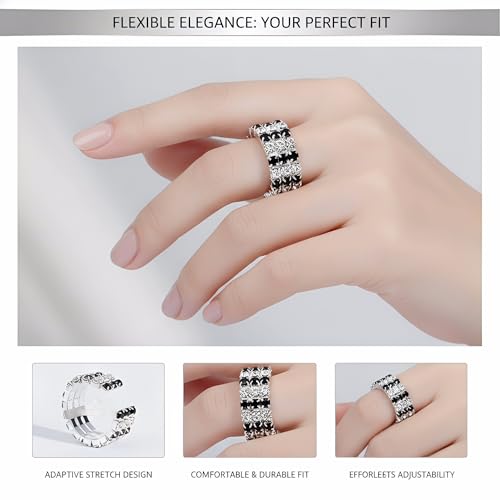 Sparkling Rhinestone Ring Set Trendy Elastic Rhinestone Crystal Stretch Ring Stackable Jewelry for Women Girls - color: 3 Rows Ring-White+Black