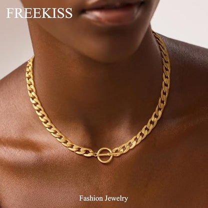 Freekiss 3-Piece Layered Toggle Necklace for Women | Gold/Silver necklace set with herringbone, rope, and paperclip chains plus a toggle clasp for layering, parties, and gifts - color: Toggle Style2 Gold