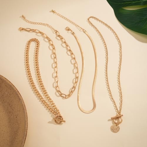 Rrdaily Gold Layered Stack Necklace Set for Women, Retro Thick Cuban Chain Coin Medallion Pendant Necklace,Paperclip Chain Heart Clasp Choker Jewelry Gift - color: Gold