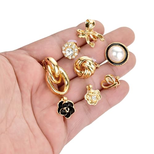 Tornito 10-15 Pairs Clip on Stud Earrings Non Pierced Teardrop Round Square CZ Pearl Twist Knot Flower Butterfly Heart Star Rainbow Cat Opal Clip on Earrings for Women - color: K:10 Pairs Gold Tone