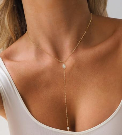 Dainty Gold Necklace for Women, Cute Long Necklace 14K Gold Plated CZ Lips Bead Y Shaped Lariat Necklace Simple Gold Choker Necklace Aesthetic Drop Necklace Trendy Gold Jewelry for Women - color: Gold-Long Pearl Necklace