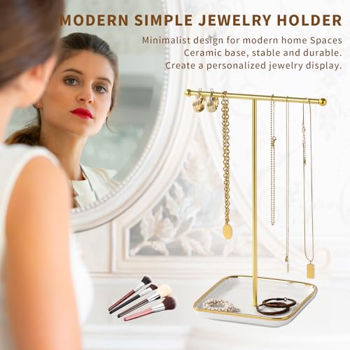 modern T-shaped jewelry rack, jewelry tower, gold metal, square ceramic base decoration display tower, necklace, bracelet, ring storage rack (1-layer ceramic disc) - style: 1-layer ceramic disc