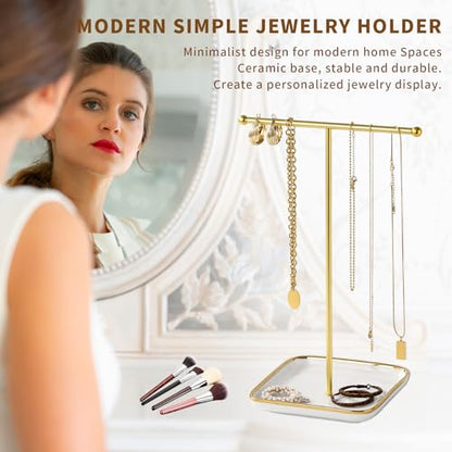modern T-shaped jewelry rack, jewelry tower, gold metal, square ceramic base decoration display tower, necklace, bracelet, ring storage rack (1-layer ceramic disc) - style: 1-layer ceramic disc