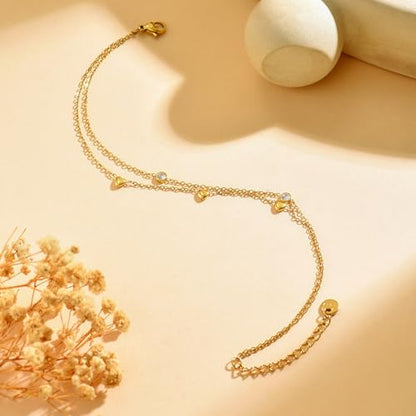 NONAMOIS Ankle Bracelets for Women Dainty 18K Gold Plated Anklet Waterproof Round Beaded Paperclip Herringbone Pearl Chain Anklets Waterproof Beach Foot Jewelry - color: 2Layered CZ Heart-Gold