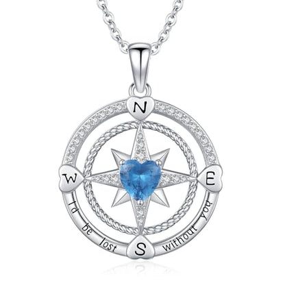 Compass Birthstone Necklace for Women S925 Sterling Silver with Cubic Zirconia - Birthday Jewelry gift for her, Girlfriend, Wife, Mom on Birthday, Anniversary - color: 12 - Blue Topaz