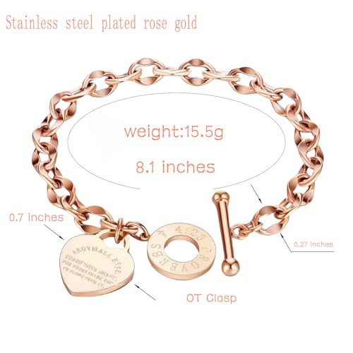 Charm Bracelet for Women 18k Gold/Silver/Rose Gold Plated Love Heart Elegant OT Clasp Stainless Steel Green Bag Packaging Jewelry Gift Birthday - color: Rose Gold, size: 8 inch
