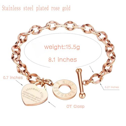 Charm Bracelet for Women 18k Gold/Silver/Rose Gold Plated Love Heart Elegant OT Clasp Stainless Steel Green Bag Packaging Jewelry Gift Birthday - color: Rose Gold, size: 8 inch