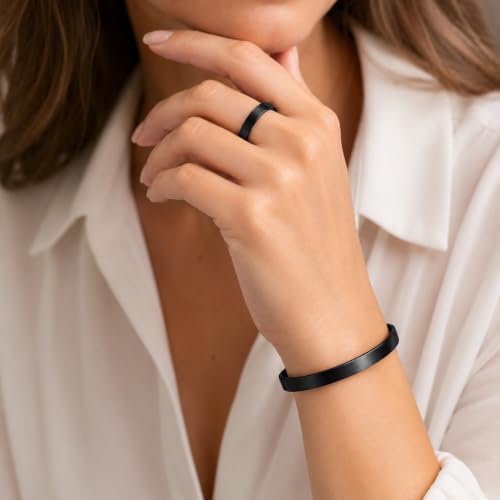Calming Bracelet Ring Set for Women, Menopause Bracelets Adjustable Bangle Stainless Steel Cuff Climacterium Anxiety Stress Relief Energy Open Jewelry Gift - color: Black Pro + Black