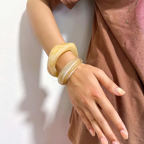2PCS Chunky Acrylic Bracelet for Women Large Square Resin Cuff Vintage Open Bangle Bracelets Wide Geometric Jewelry - style: Beige+coffee