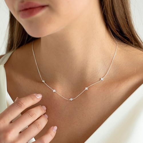 VRIUA Necklaces for Women - 14K Gold/Silver Plated Dainty Chain Necklace with Five Charms: Diamond, Bow, Snowflake, Cross, Flower, Clover, Butterfly, Heart, Star of David, and Star Trendy Jewelry - color: Silver, style: Flower