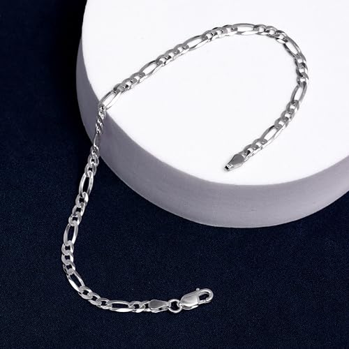 LeCalla Solid 925 Sterling Silver Figaro Link Chain Bracelet | Italian Diamond-Cut Figaro Chain Bracelet for Women Men (7, 7.5, 8, 8.5, 9 Inches) - color: 4 MM, size: Length 9 IN (Men Extra Large)