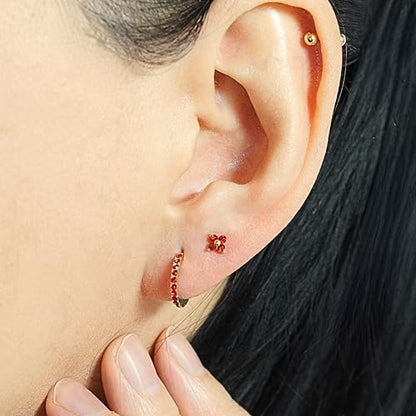 QueenBee 14K Gold Plated Ivy Flower Birthstone Stud Earrings for Women Dainty Floral Gemstone Studs Unique Jewelry Gift for Her - color: Jan-Garnet