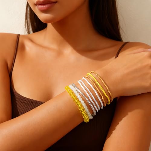 Handmade Stackable Rice Seed Beaded Ball Bracelets set for women, Romantic Boho Trendy Acrylic Glass Stretch Accessories Multi Layer Jewelry, Daily Wear Party Holiday Friendship Gift - color: Yellow