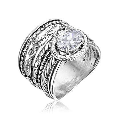 JEAN RACHEL JEWELRY 925 Sterling Silver Ring - Wide Multi Strand Floral & Leaves with Cubic Zirconia Vintage Design - Hypoallergenic, Lead & Nickel Free - Artisan Handcrafted Statement Rings for Women