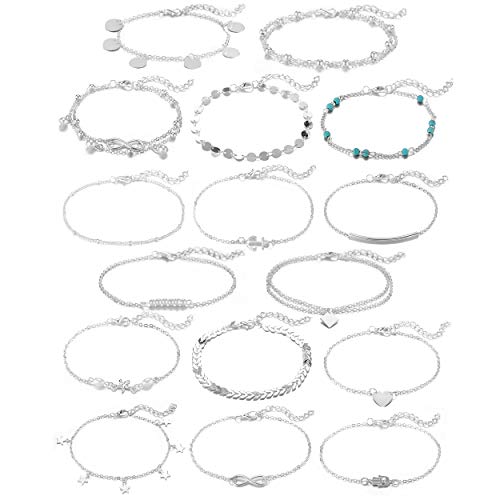 Softones 16Pcs Ankle Bracelets for Women Gold Silver Two Style Chain Beach Anklet Bracelet Jewelry Anklet Set,Adjustable Size - color: A:Silver