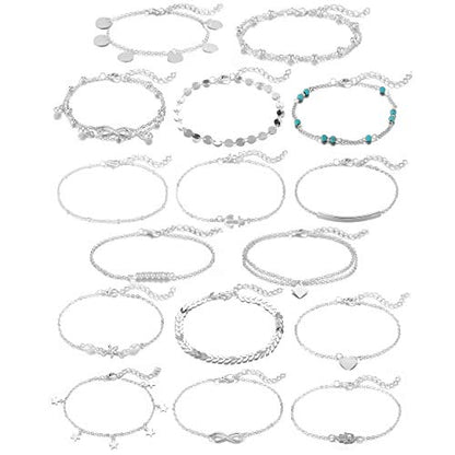 Softones 16Pcs Ankle Bracelets for Women Gold Silver Two Style Chain Beach Anklet Bracelet Jewelry Anklet Set,Adjustable Size - color: A:Silver
