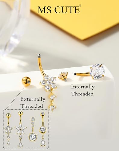 5PCS Belly Button Rings for Women Girls, 14G Surgical Steel Navel Rings Set, Gold & Silver CZ Dangle Body Piercing Jewelry - color: Gold-Flower