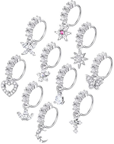 10Pcs Dangle Nose Rings Hoop Butterfly Heart Moon Flower Star CZ Cartilage Earring Dangling Nose Body Piercing Jewelry 20G Silver Rose Gold Black Tone - color: A:Silver Tone