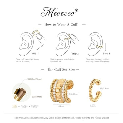 MEVECCO Ear Cuffs Non Piercing 18K Gold Plated Ear Cuff Earring Sets Clip on Cartilage Cubic Zirconia Pearl Minimalist Hypoallergenic Fake Hoop Earrings Stack Women Gifts - style: 2pcs-Wide