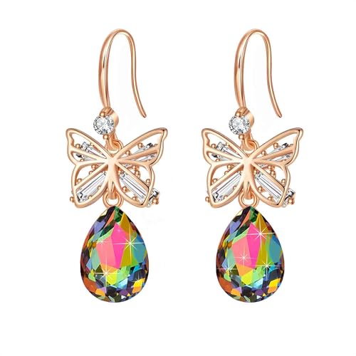 Austrian Crystal Teardrop Butterfly Drop Dangle Earrings for Women 14K Rose Gold Plated Hypoallergenic Jewelry - color: Vitrail Medium