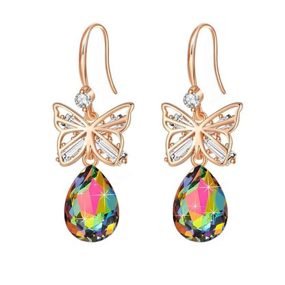 Austrian Crystal Teardrop Butterfly Drop Dangle Earrings for Women 14K Rose Gold Plated Hypoallergenic Jewelry - color: Vitrail Medium