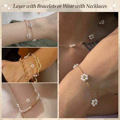 DAYANEY Pearl Bracelets for Women Gold Bracelet Silver Pearl Jewelry | Gold Bracelet Silver Pearl Jewelry Summer Gifts for Girls Dainty Daisy and Heart Bracelets Cute Floral Jewelry for Bridesmaid - style: Daisy Pearl
