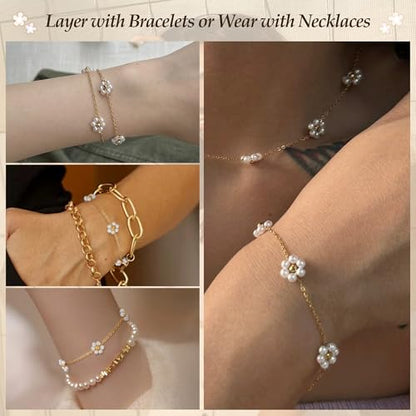 DAYANEY Pearl Bracelets for Women Gold Bracelet Silver Pearl Jewelry | Gold Bracelet Silver Pearl Jewelry Summer Gifts for Girls Dainty Daisy and Heart Bracelets Cute Floral Jewelry for Bridesmaid - style: Daisy Pearl