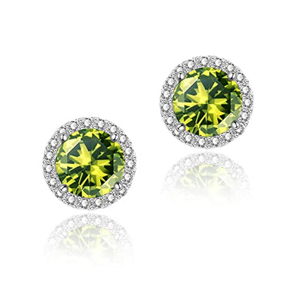 YOMELA Round Cubic Zirconia Stud Earrings for Women | Everyday Dainty, Diamond-Like Brilliance, CZ Halo Birthstone Studs, Hypoallergenic & Lightweight, Elegant & Versatile - color: Peridot